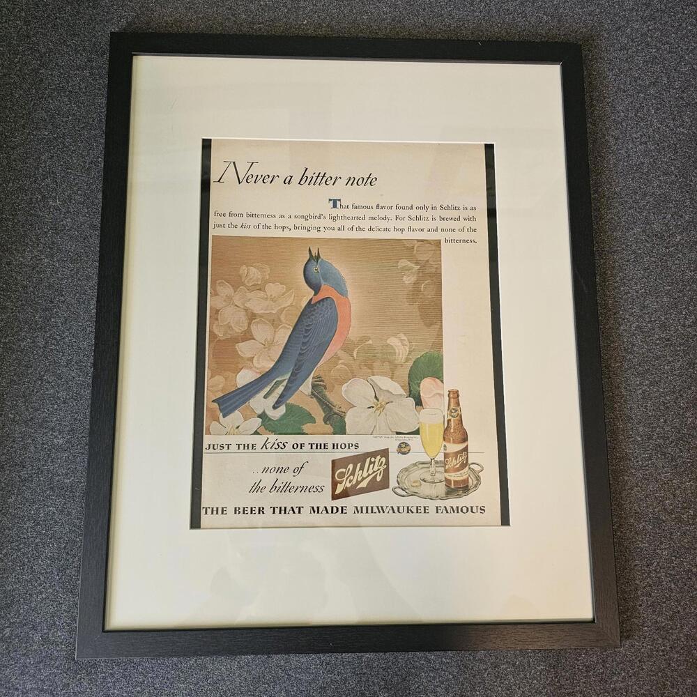 Framed Schlitz Beer Vintage Ad 1944 Songbird Illustration Milwaukee Mancave Art